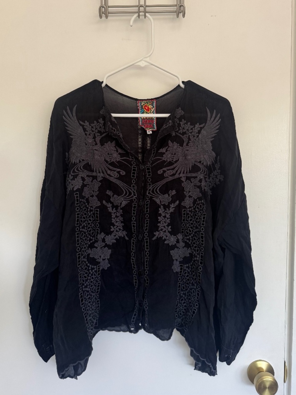 Johnny Was Embroidered Black Silk Blend Boho Blouse Medium